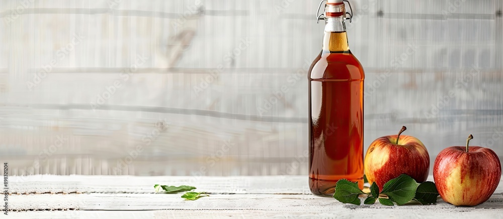 Poster Close up of a bottle of apple cider vinegar on a white wooden table with copy space image included