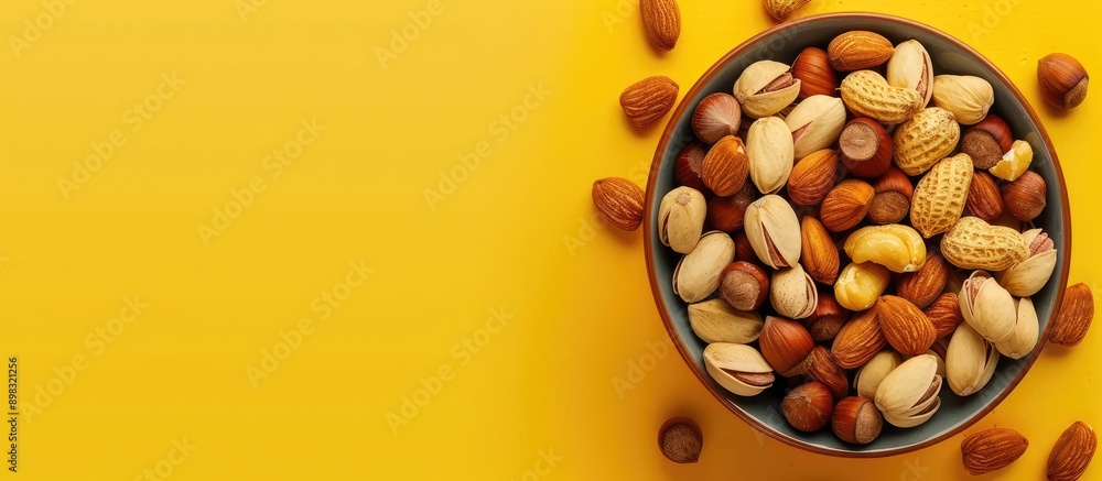 Poster flat lay composition of delicious nuts arranged in a bowl on a yellow backdrop with ample copy space
