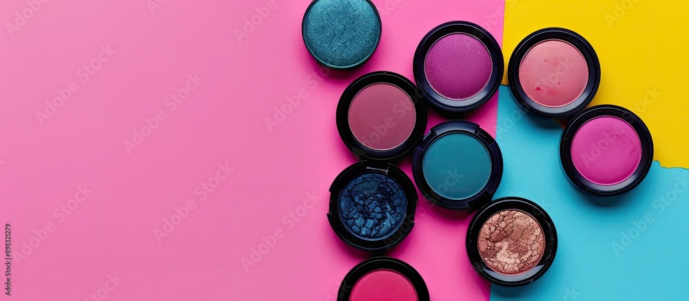 Poster colorful makeup shades displayed on a pink table in a top view flat lay setup with available copy sp