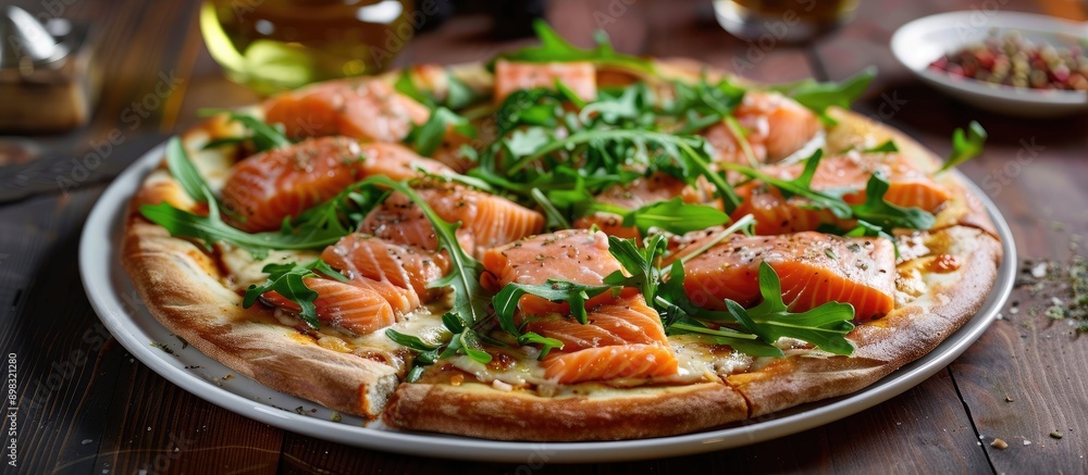 Poster Delicious restaurant dish featuring salmon and arugula on a pizza with a visually appealing presentation for a food enthusiast complete with copy space image