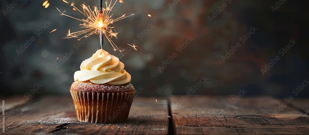 Poster a delicious cupcake with creamy buttercream and a sparkler on a wooden surface set against a dark ba