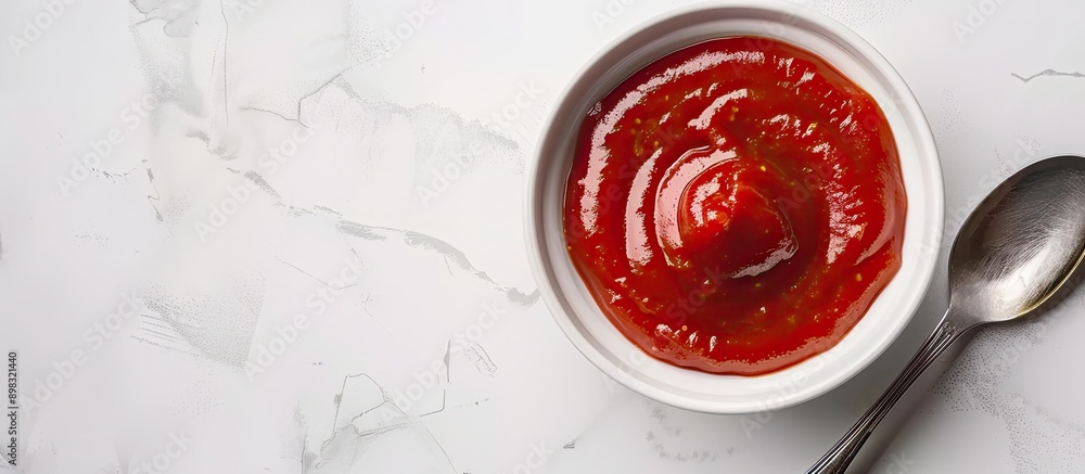 Aufkleber top down view of a bowl and spoon containing organic ketchup on a white table offering copy space fo