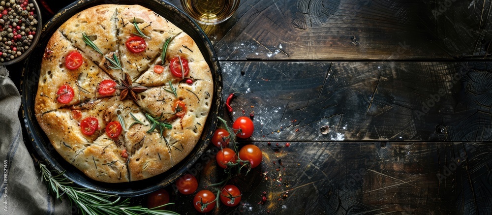 Poster top view of a delicious focaccia with chicken spices and tomatoes on a dark rustic wooden table with