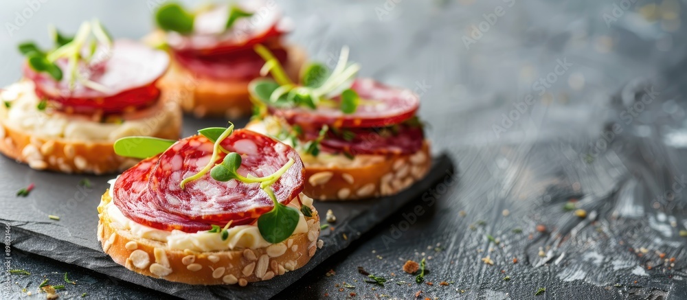 Poster delicious canapes with salami greens and cream cheese are presented on a gray table with copy space 