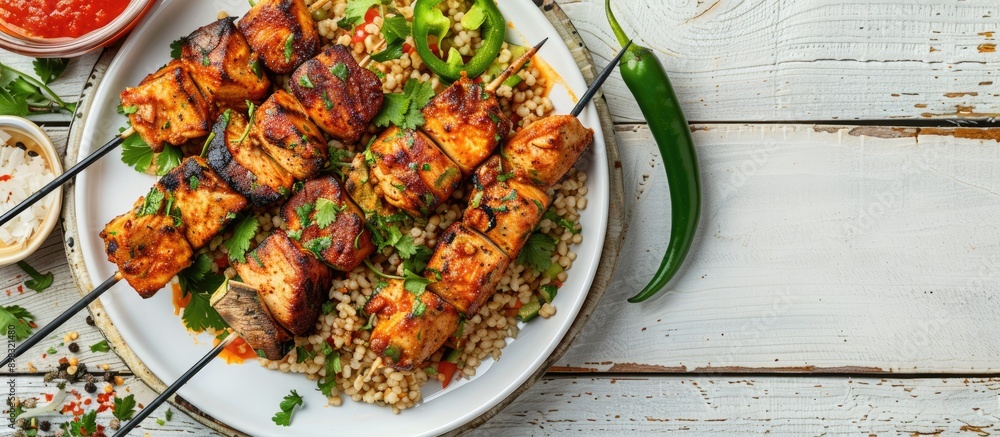 Poster angle view of a fried chicken shish kebab displayed on a white plate with a rustic serving board acc