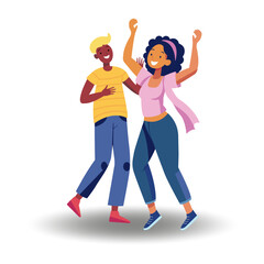 A guy and a girl are dancing in delight with their hands in the air. Simple vector illustration of people in cartoon style on a white background.