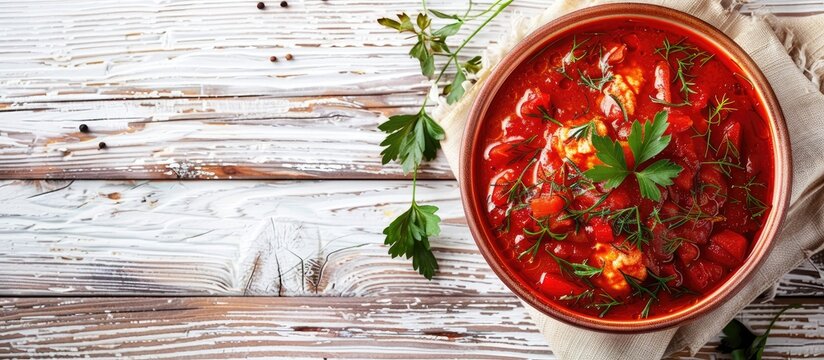 Top view of a bowl of delicious Ukrainian banosh on a light wooden table allowing for text in copy space image
