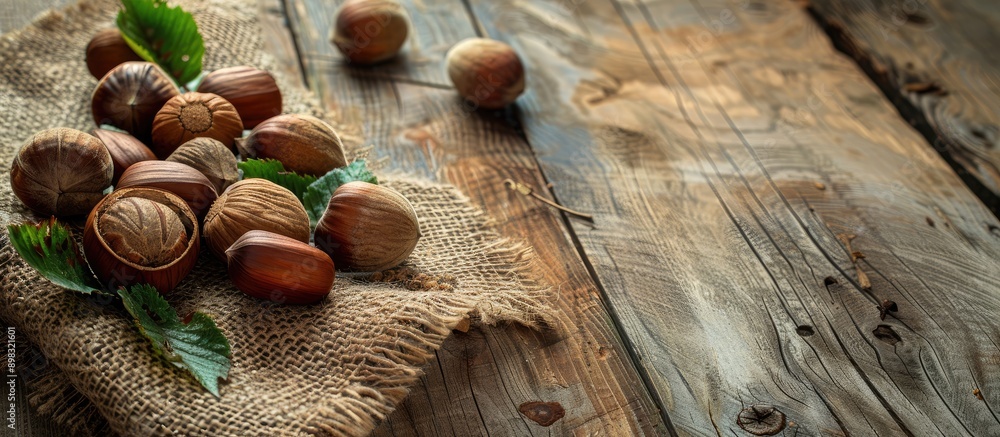 Leinwandbilder Chestnuts displayed on a rustic wooden table with a burlap napkin presenting a quaint setting for a copy space image
