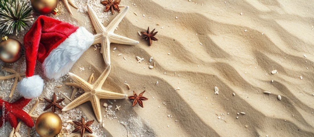 Poster christmas vacation themed flat lay with a santa hat and starfishes on sandy background inviting you 