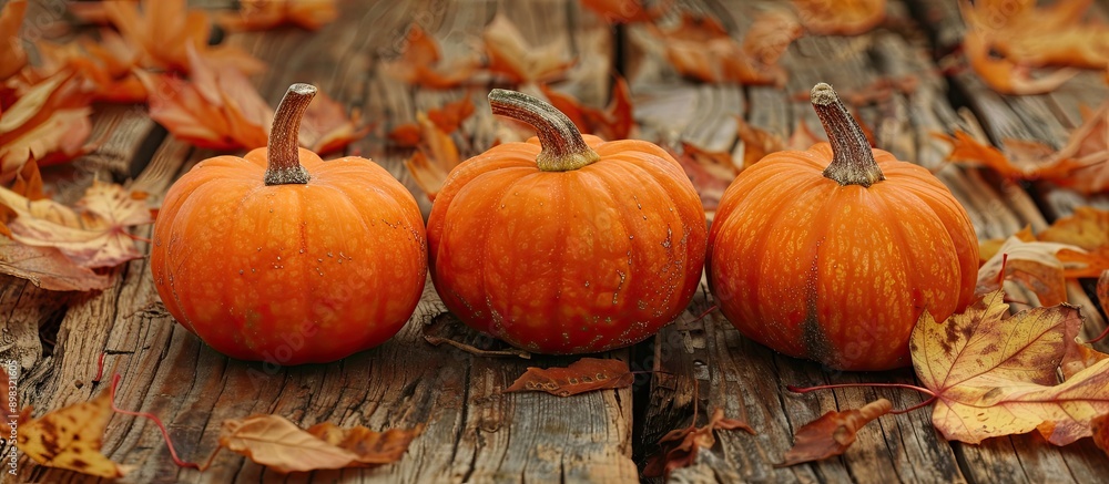 Poster autumn themed composition with three pumpkins numerous dry leaves on a rustic wooden backdrop ideal 