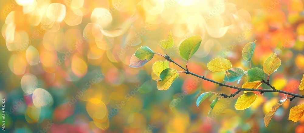 Aufkleber vibrant autumn backdrop featuring a branch with yellow green leaves against a blurred backdrop of ye