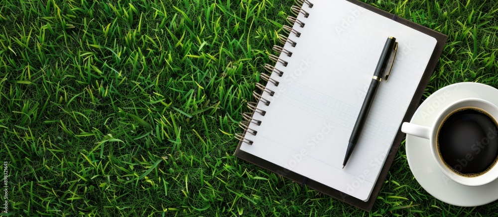 Poster top view of a desk with a notebook pen and coffee cup adorned with grass for a copy space image