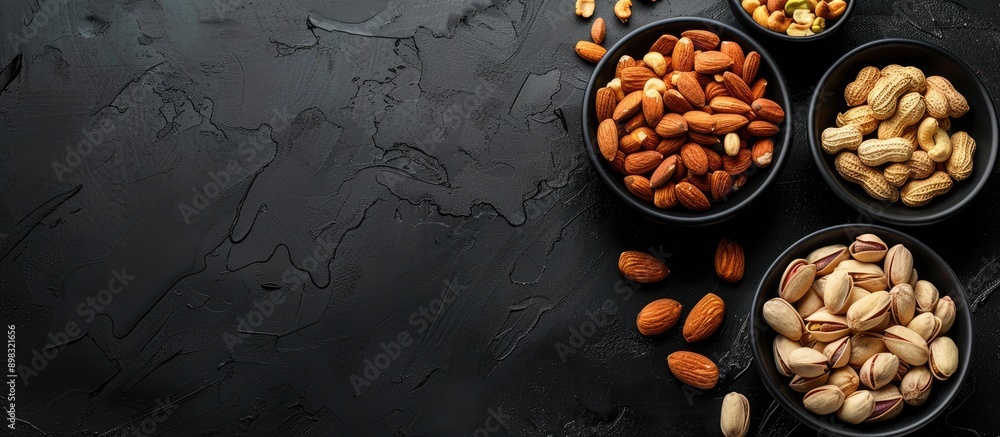 Aufkleber A black table displaying four bowls filled with various nuts like cashews almonds walnuts and pistachios offering a top view with a blank area for additional content a copy space image