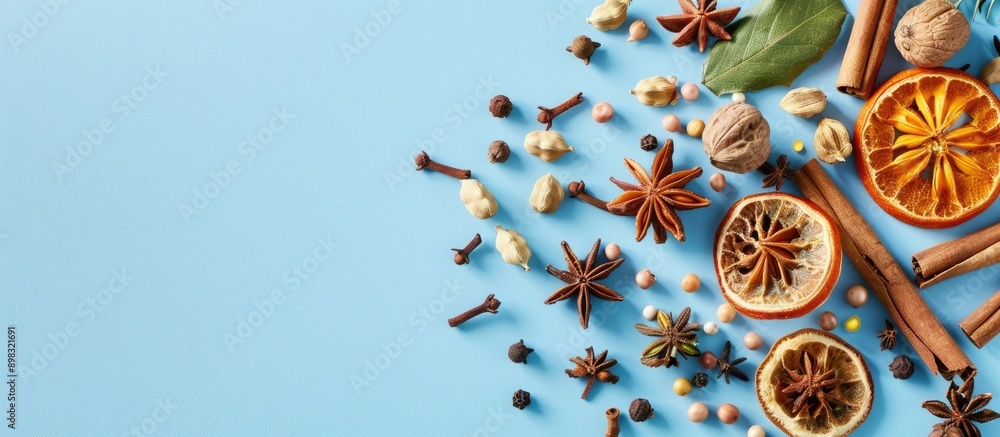 Poster view from above of christmas spices on a blue background with copy space image available