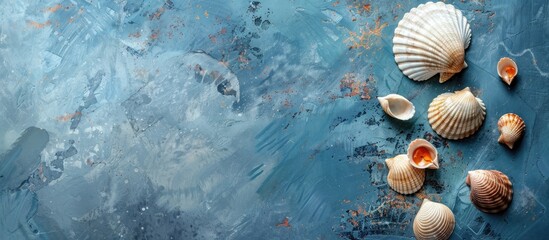 Naklejka na ściany i meble Abstract top view composition featuring seashells against a textured blue background with copy space image