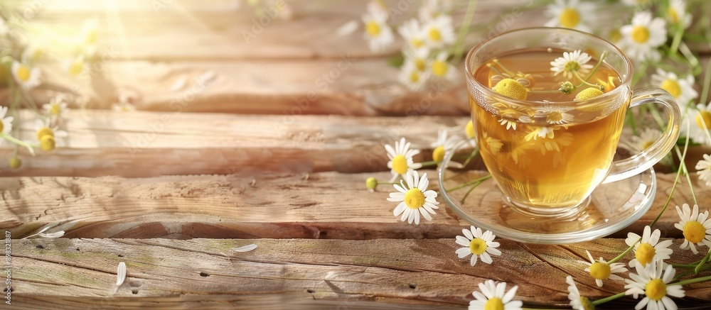 Poster Chamomile tea displayed on a clean wooden table with available picture space. Creative banner. Copyspace image
