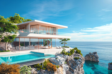 Obraz premium Luxurious villa on cliff over turquoise ocean. Beautiful modern house with green plants and pool on sea coast. Vacation home