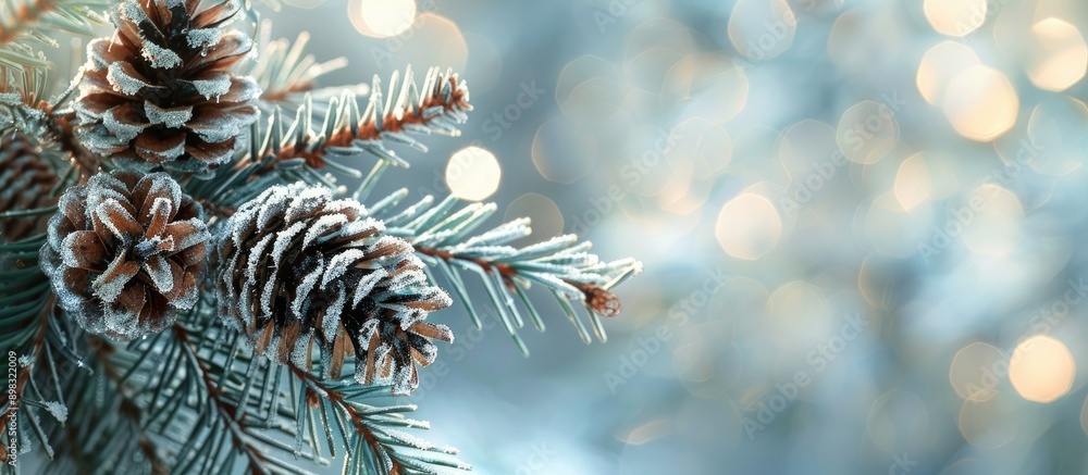 Poster Close up of a pine branch and cone on a blurry backdrop with copy space image available