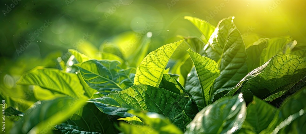 Poster close up view of tobacco bushes with vibrant green leaves illuminated by sunlight ideal for a copy s