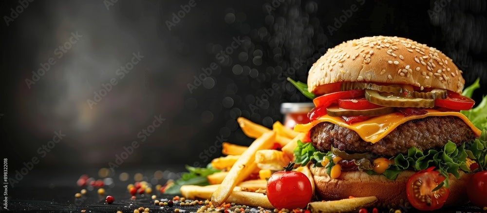 Poster burger with cheese veggies fries on black background with copy space image