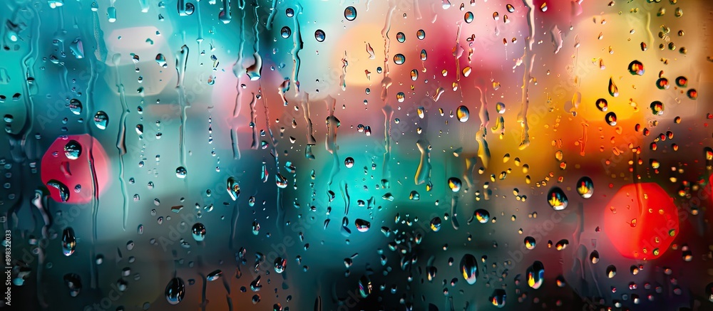 Poster Abstract blurred backgrounds in various colors with water droplets on glass creating an artistic copy space image