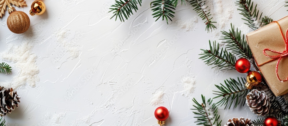 Aufkleber christmas decorations a gift box and a white background in a flat lay style with a top view featurin