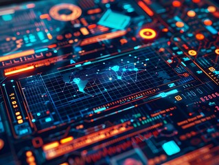 Fototapeta premium A close-up of a digital tablet displaying blockchain technology with encrypted data streams and AI integration, set against a futuristic tech background.