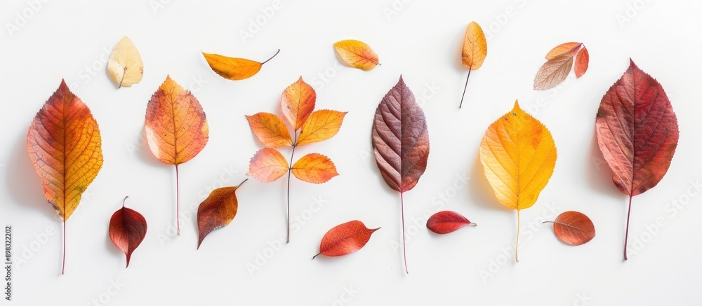 Sticker autumnal foliage arranged on a blank white surface providing empty space for images. creative banner