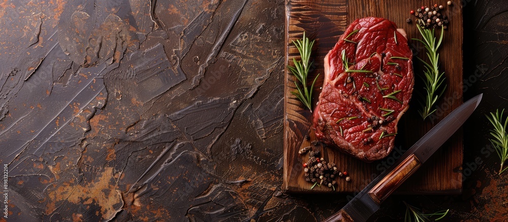 Canvas Prints Top view of a beef steak with herbs and spices on a cutting board against a stone background with copy space image