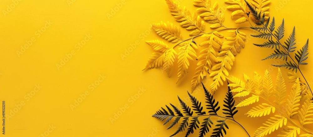 Aufkleber Autumn fern leaves on yellow backdrop with copy space image viewed from above in a minimalistic horizontal style