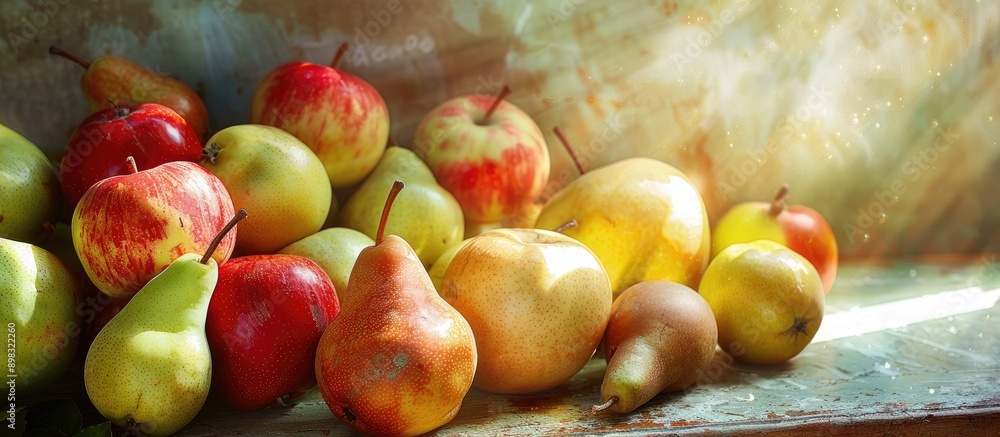 Aufkleber contemporary arrangement of apples and pears illuminated by sunlight ideal for a copy space image