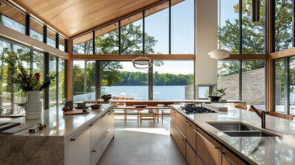Contemporary kitchen with a stylish trapezoid window by the lake 