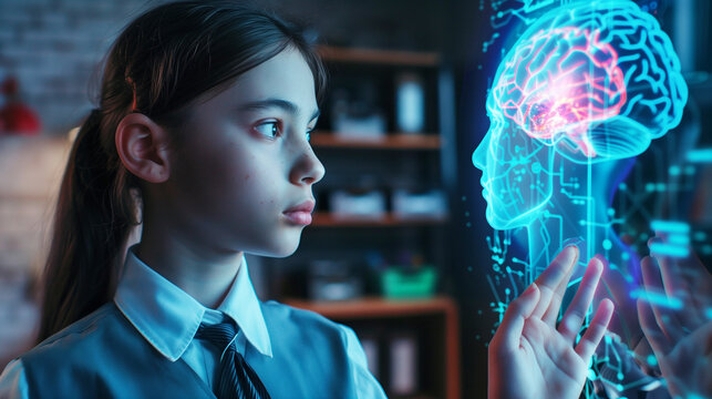 Curious school girl in uniform gazing at a holographic brain projection. Futuristic education concept showcasing technology's role in learning