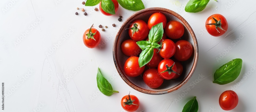 Aufkleber top view of cherry tomatoes green basil and tomato sauce in a bowl on a white background with copy s