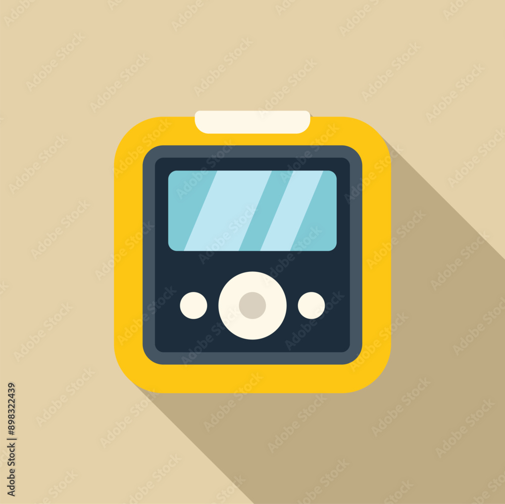 Poster electronic device with buttons and a screen displaying important information, in flat design with lo