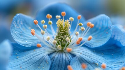  A close-up of a blue flower with numerous white stamens