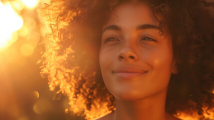 Fototapeta premium A beautiful woman with curly hair, her face bathed in the golden rays of sunlight, smiles gently into the distance, embodying tranquility and joy with an ethereal and radiant presence.