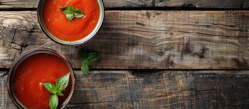 Poster close up of tomato soup on a wooden surface with copy space image