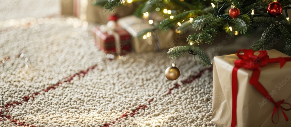 Aufkleber closeup of a christmas tree and presents on a carpet with copy space image