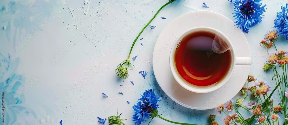 Poster a flat lay arrangement featuring tea and cornflowers on a bright tabletop with room for text in copy