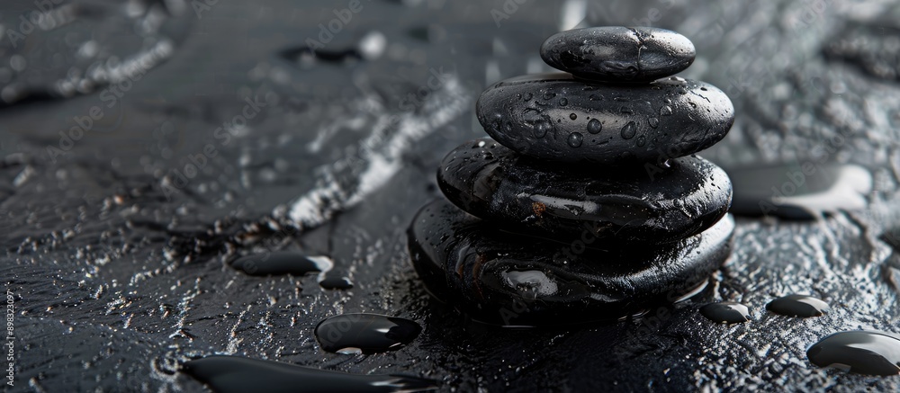 Aufkleber Black stones in their natural state create an elegant podium on a dark background ideal for displaying a copy space image