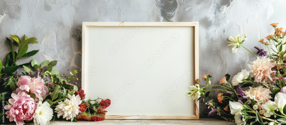 Poster There is a blank frame on the table with a floral arrangement adding to the decor creating a delightful copy space image