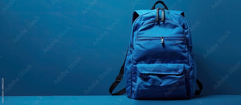 Poster Blue backpack with ample copy space image for personalization