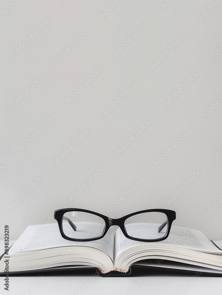Poster A black-framed pair of eyeglasses rests on top of an open book. Generative AI