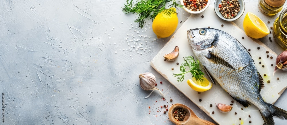 Poster dorado fish displayed on a cutting board atop a white stone table surrounded by cooking ingredients 