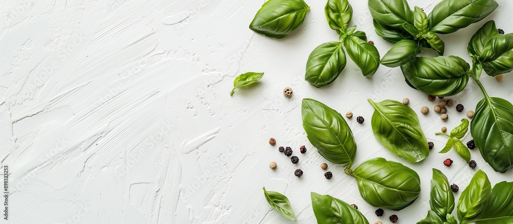 Poster Top down view of fragrant basil and spices on a white wooden backdrop with ample room for additional text or images