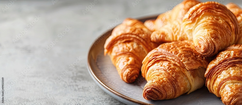 Fototapete close up image showing a plate of delicious croissants on a table with ample copy space image
