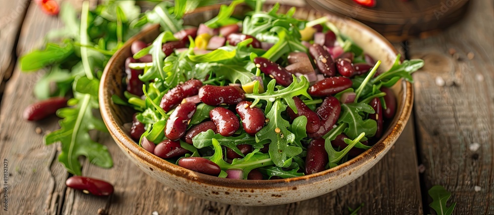 Poster An appetizing meal of arugula salad with red beans and green lettuce leaves served as a snack on a rustic table with a scenic copy space image in the background