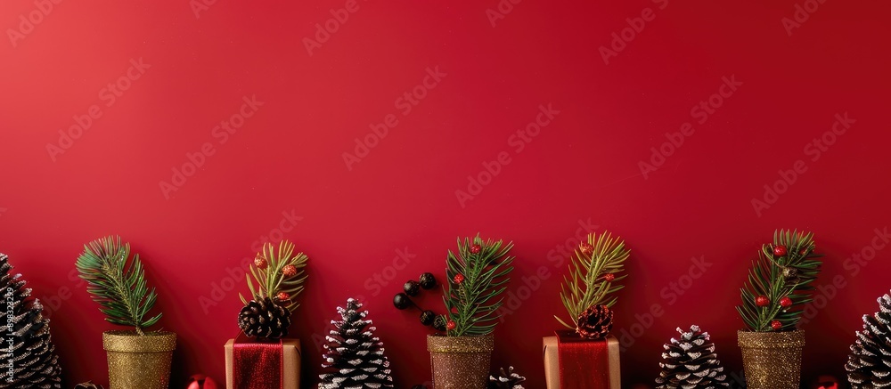 Poster christmas decorations featuring a line of tree cones and gift boxes on a red background with ample c