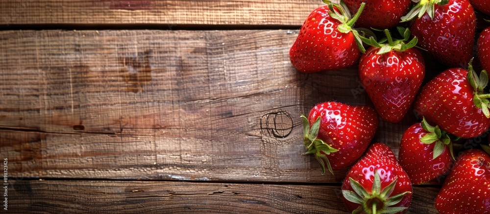 Poster a close up image of ripe red strawberries from a farm displayed for sale at a supermarket set agains